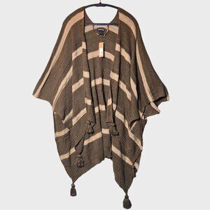 Steve Madden Knit Ruana Brown Stripe Onesize Open Front Poncho Boho Tasseled NWT